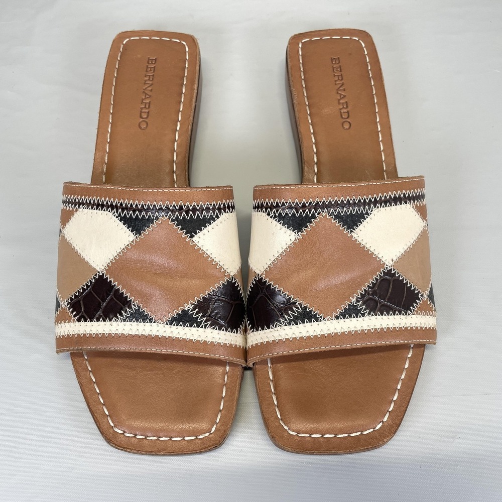 Bernardo Shoes Womens Size 10 M Brown Patchwork Leather Slide Sandals Square Toe - Picture 4 of 11